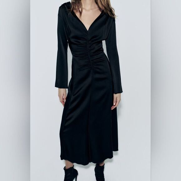 Zara Studio Ruched pleat Long Dress Limited Edition V-neck  long flared sleeves - Picture 9 of 16